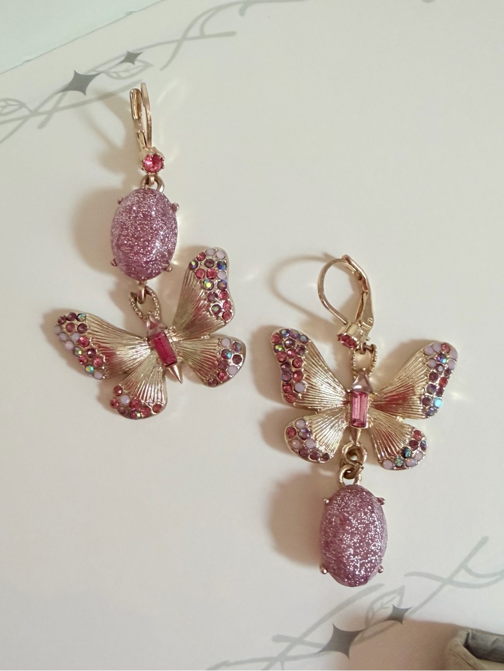 Betsey Johnson Purple Sparkle Butterfly Drop Earrings